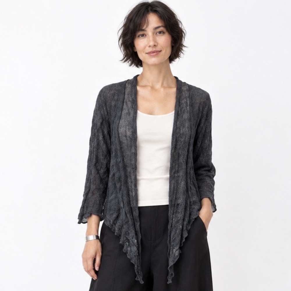 Eileen Fisher Cardigan M Charcoal Gray Metallic Linen Blend Open Front Draped